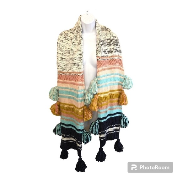 Altar’d State Multicolor Striped Tassel Chunky Knitted Scarf OS - Picture 1 of 10